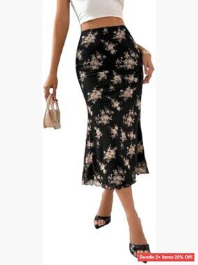 Women's Midi Skirt Elastic High Waist Mesh Fishtail Hem Floral Print